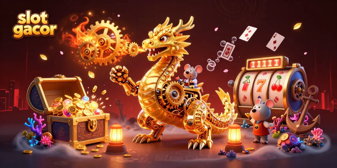 Experience slot gacor action as a golden dragon breathes gears amid vibrant casino elements and treasures.