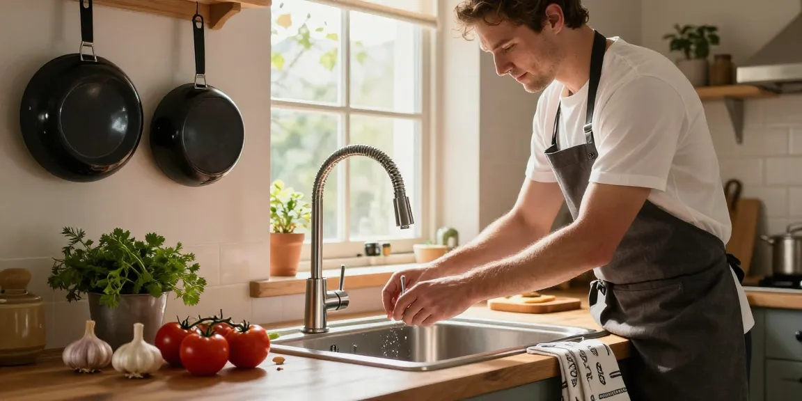 Installing modern kitchen faucets with fresh ingredients in a rustic kitchen.