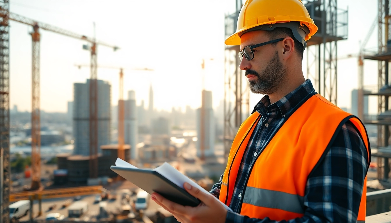 New York Construction Manager reviewing blueprints in a vibrant construction environment.
