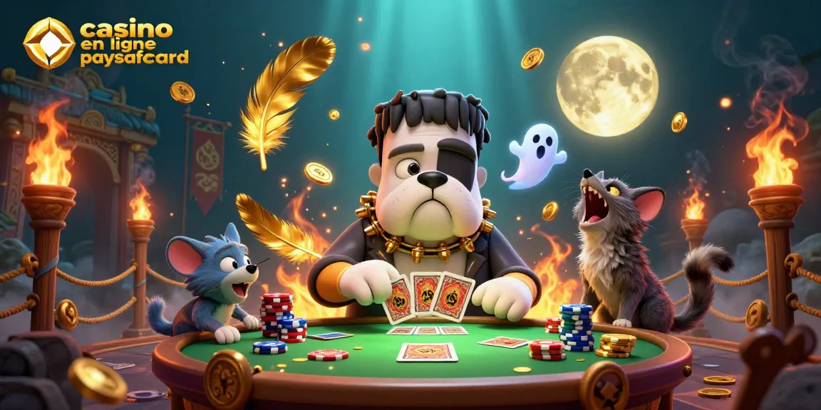 Illustrez votre expérience au casino en ligne paysafecard avec ce chien Frankenstein dealer de cartes et un environnement captivant.