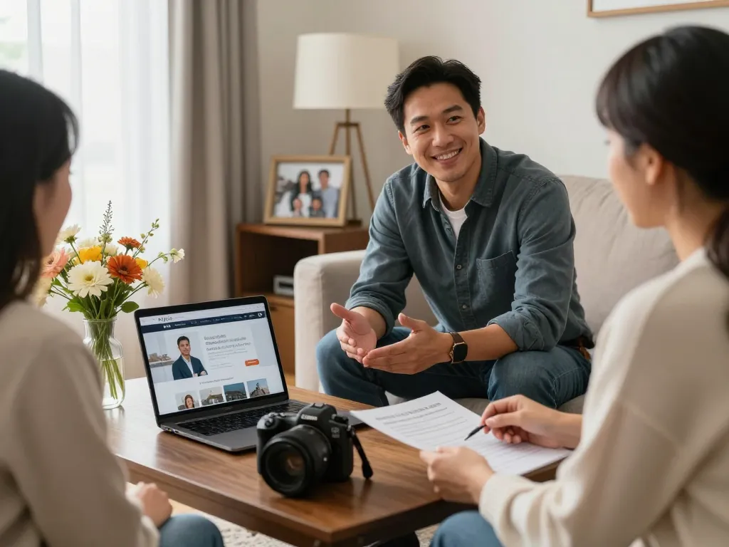 Cash home buyers consulting with a homeowner in a cozy living room.