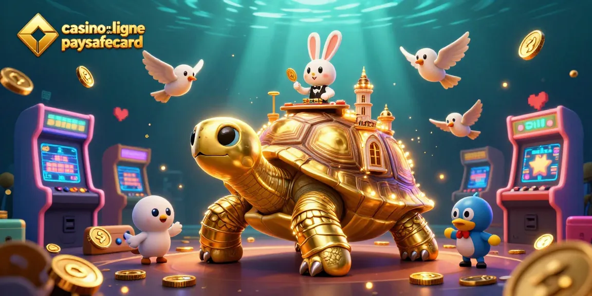 Jouer au casino en ligne paysafecard avec une tortue dorée et des machines à sous colorées.