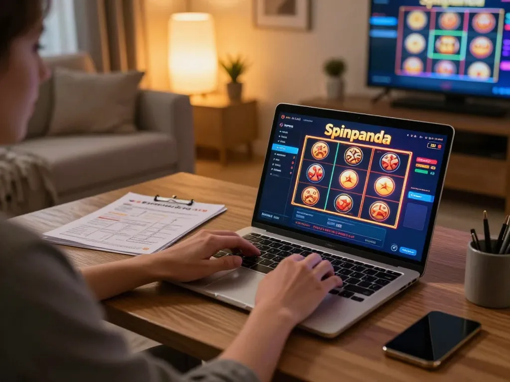 Engaged player enjoying online slots at casino spinpanda from a cozy home setup.