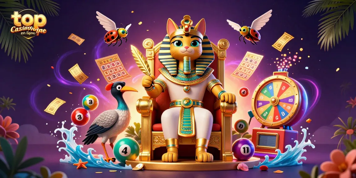 Découvrez le top casino en ligne avec un chat pharaon et des éléments de loterie animés.