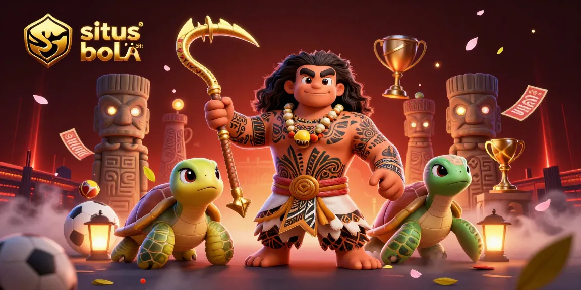 Situs judi bola brings excitement with cartoon demigod sports betting scene featuring sports balls and stadium elements.