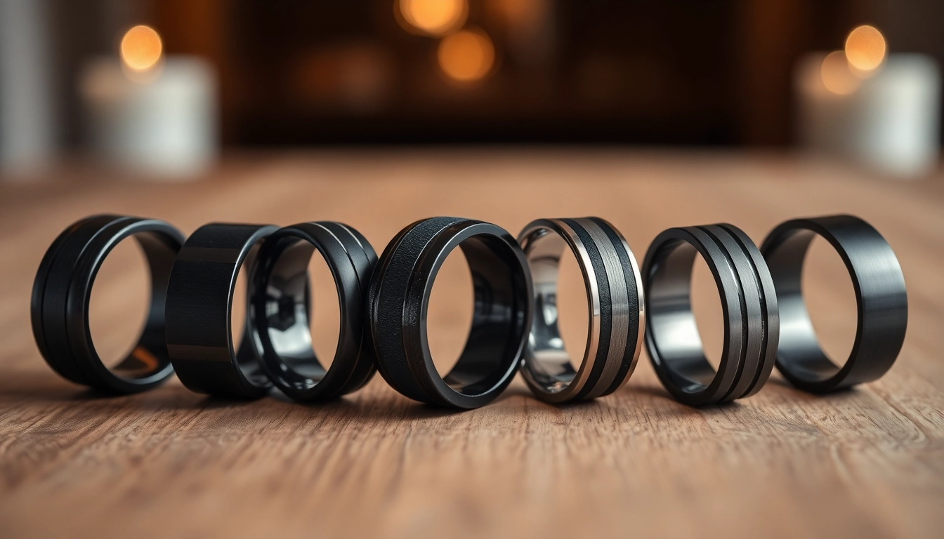Shop stunning Black Wedding Rings for Men featuring unique styles and finishes on a stylish display.