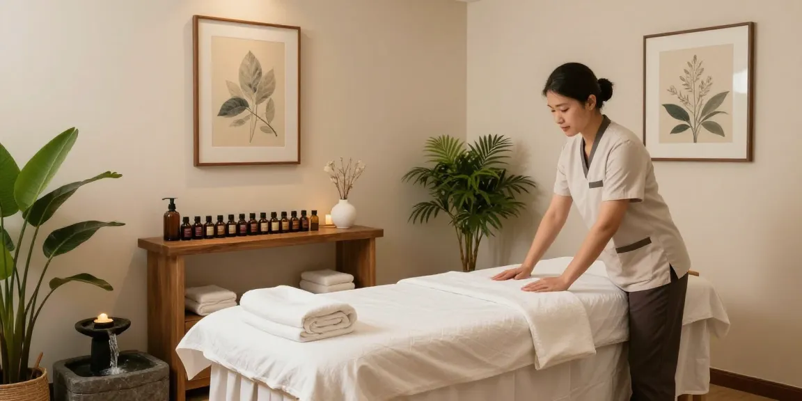 Relaxation space at https://www.makangs.com/, showcasing a calming massage room with essential oils and soothing décor.