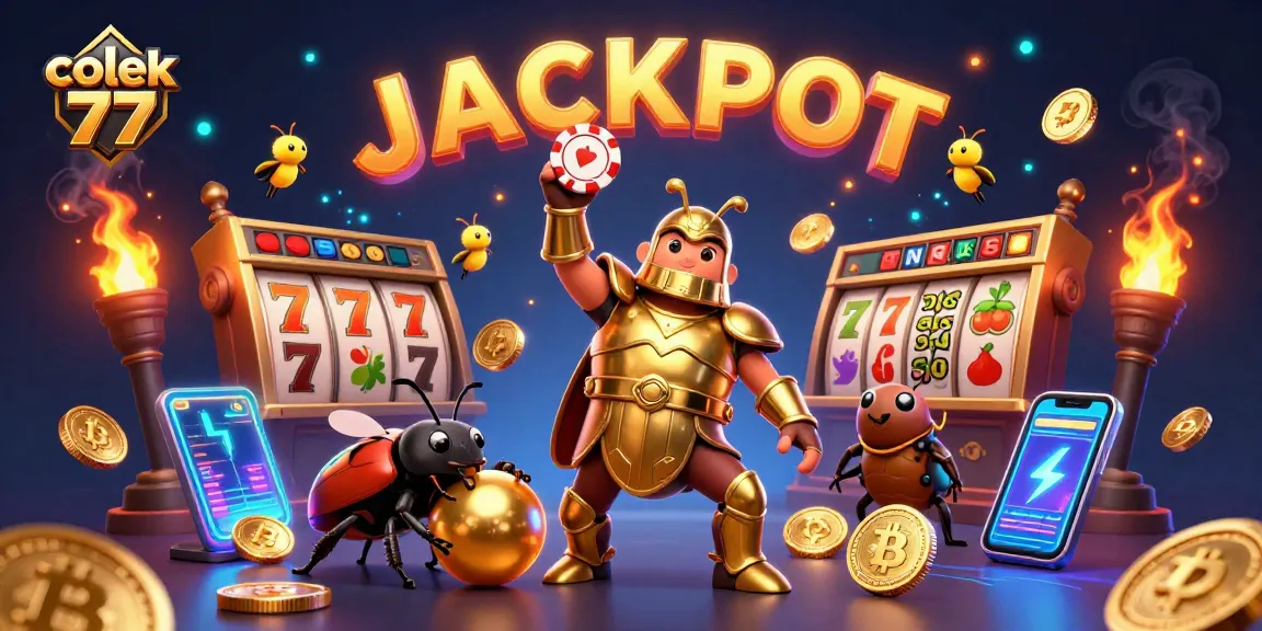 Experience the thrill of colek 77 with a golden beetle lifting a poker chip, showcasing casino excitement.