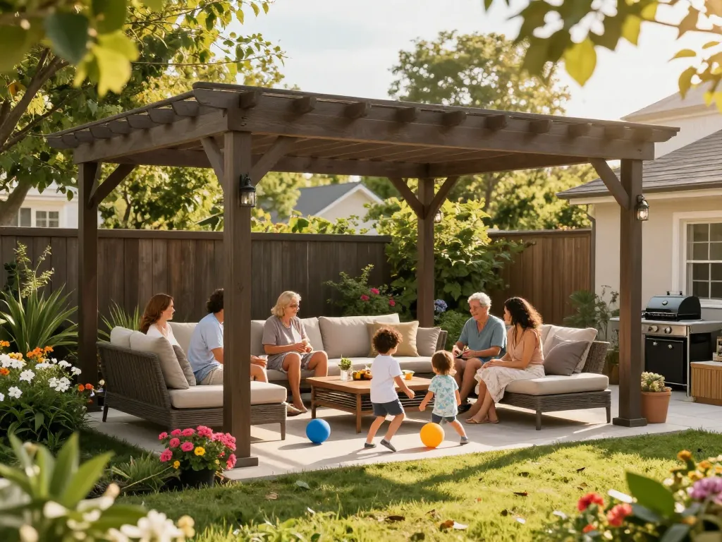 Custom pergola configurator showcasing family enjoying shaded outdoor living space in vibrant backyard garden.