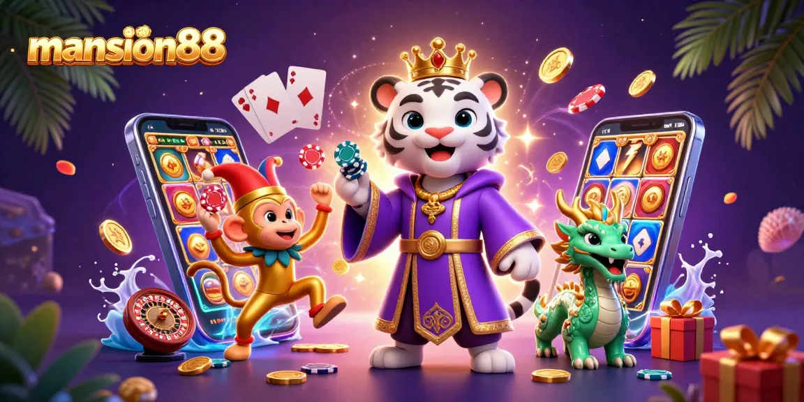 Engage with mansion88's vibrant gaming world featuring a tiger, monkey, and magical dragon in a dynamic casino scene.