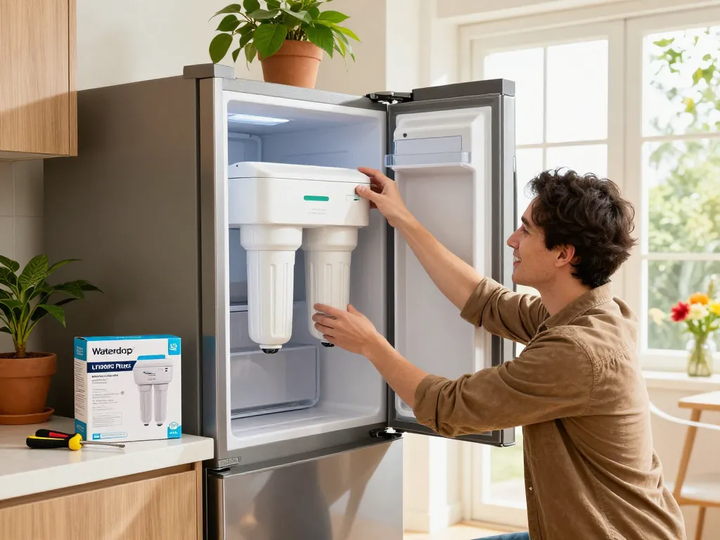 Installing Waterdrop Plus LT1000PC ADQ747935 NSF 401 Refrigerator Water Filter and Air Filter in a bright kitchen.