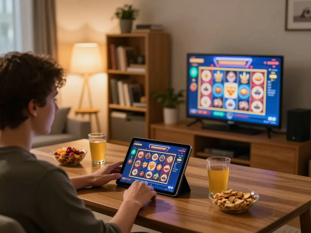 Engaging in slot online gaming at home, showcasing a lively tablet interface and cozy setting