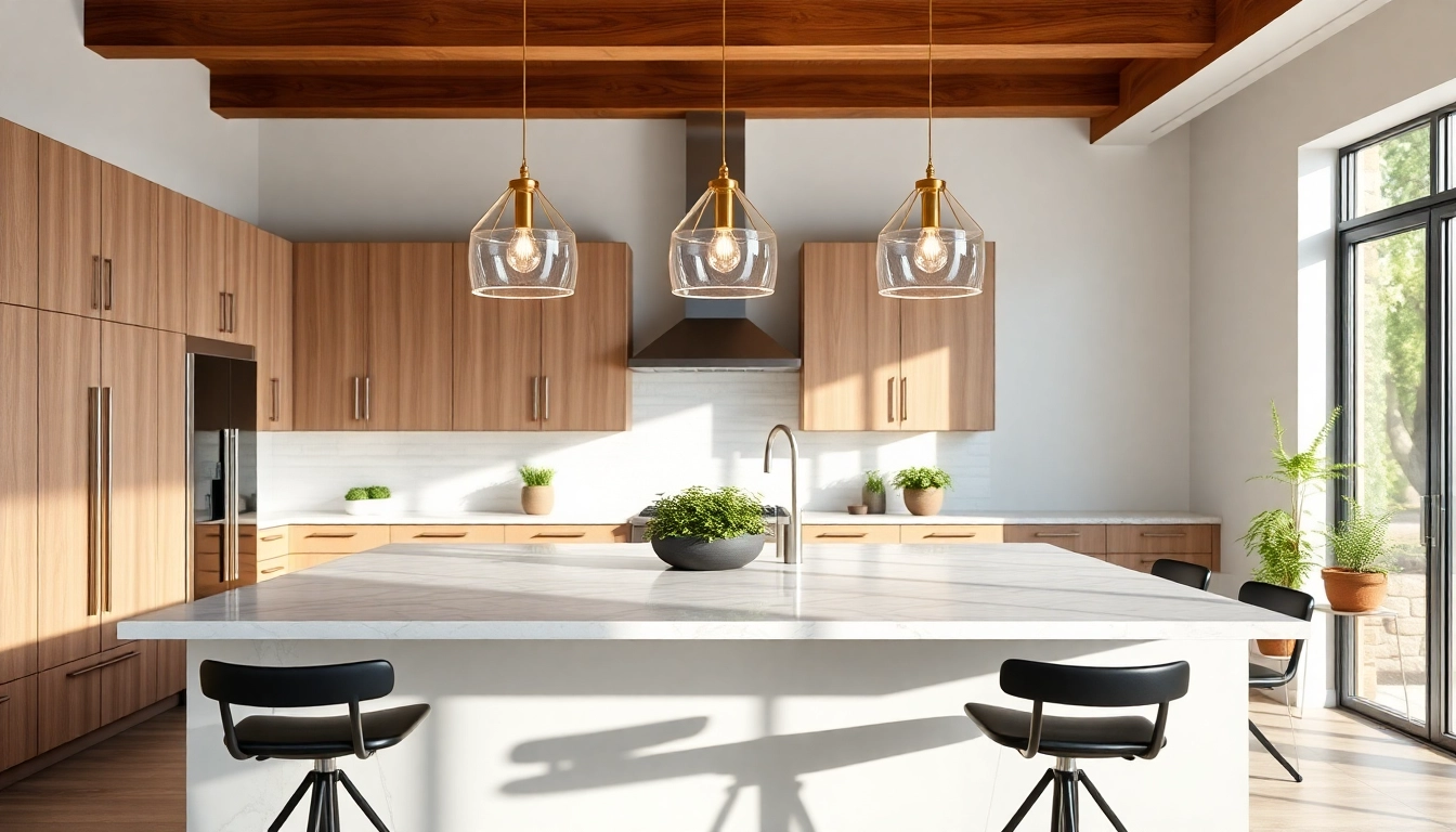 Bright island lighting illuminating a modern kitchen's marble countertop and bar stools.