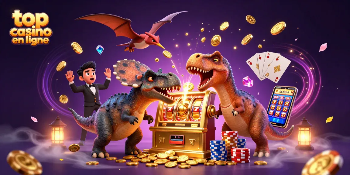 Une scène animée représentant le top casino en ligne, avec un pachycéphalosaur attirant les jackpots des machines à sous.