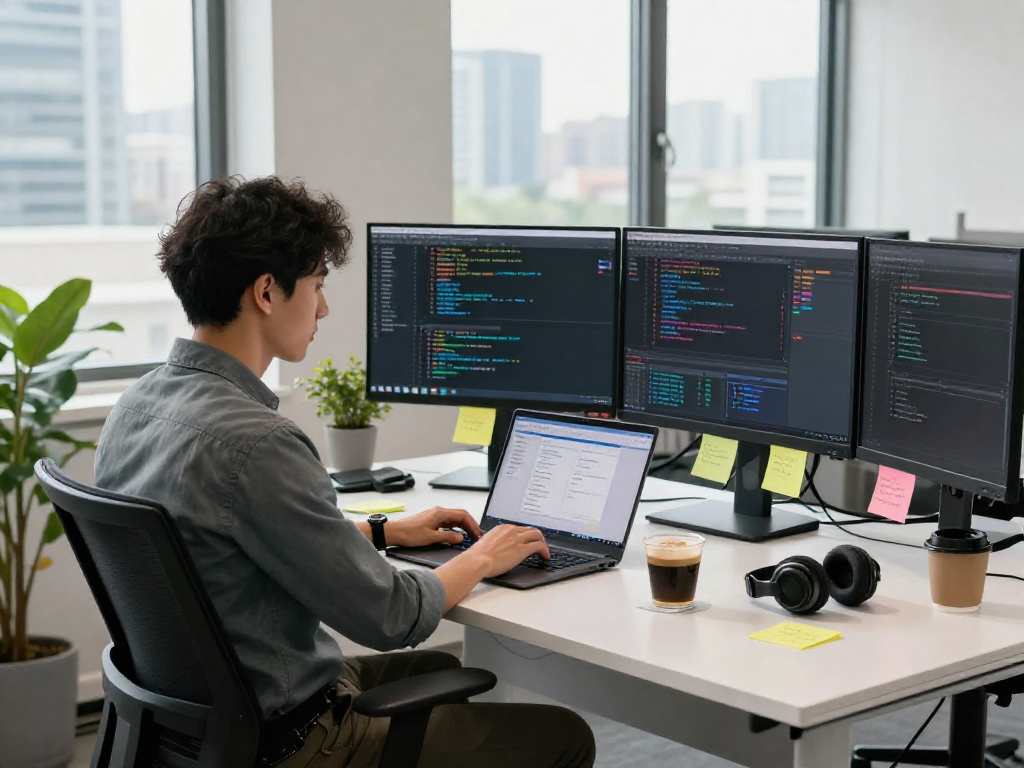 Developer working on crushon software in modern office, dual monitors displaying code.