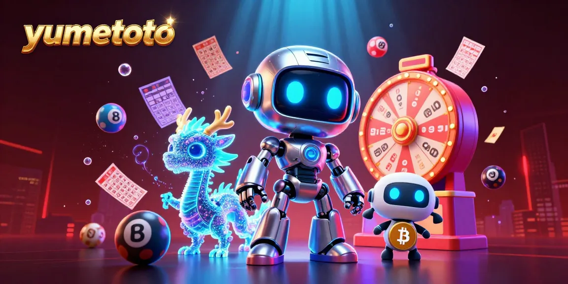 Menangkan undian dari yumetoto dengan suasana penuh gambar lotere dan karakter futuristik.