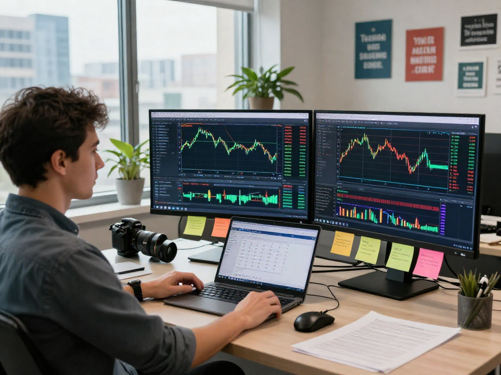 在现代交易工作空间中,交易者使用metatrader 5进行市场分析。