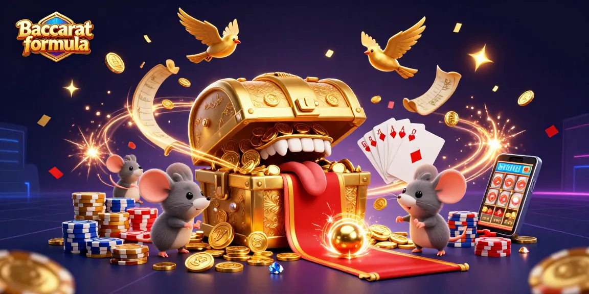 Engage with Baccarat formula in a vibrant 3D casino scene filled with treasure, cards, and excitement.