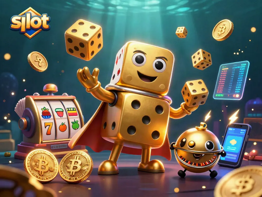 Spin winning slots with a vibrant 3D illustration of dice, cards, and crypto coins.