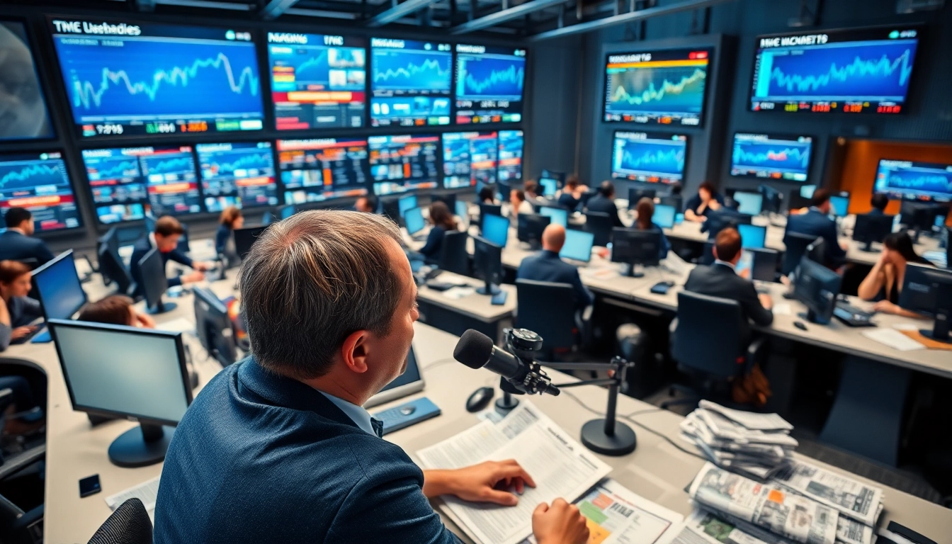 Journalist report news in a bustling newsroom with monitors displaying current updates.