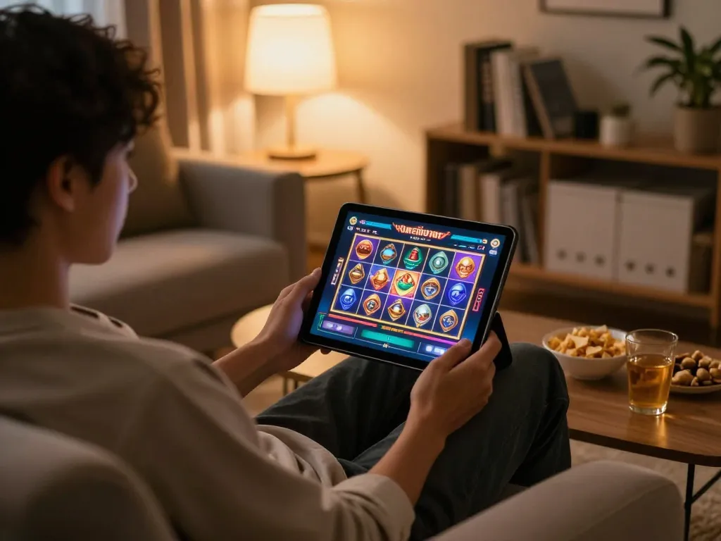 Engaging in online สล็อต gaming on a tablet in a cozy home setting with snacks and drinks.