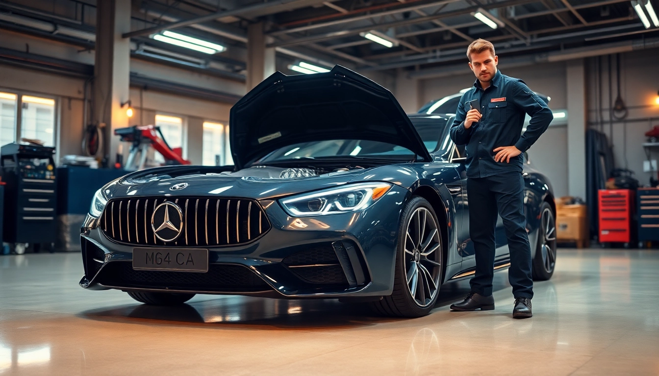 Evaluate the benefits of an extended warranty for luxury cars with a mechanic inspecting a high-end vehicle.