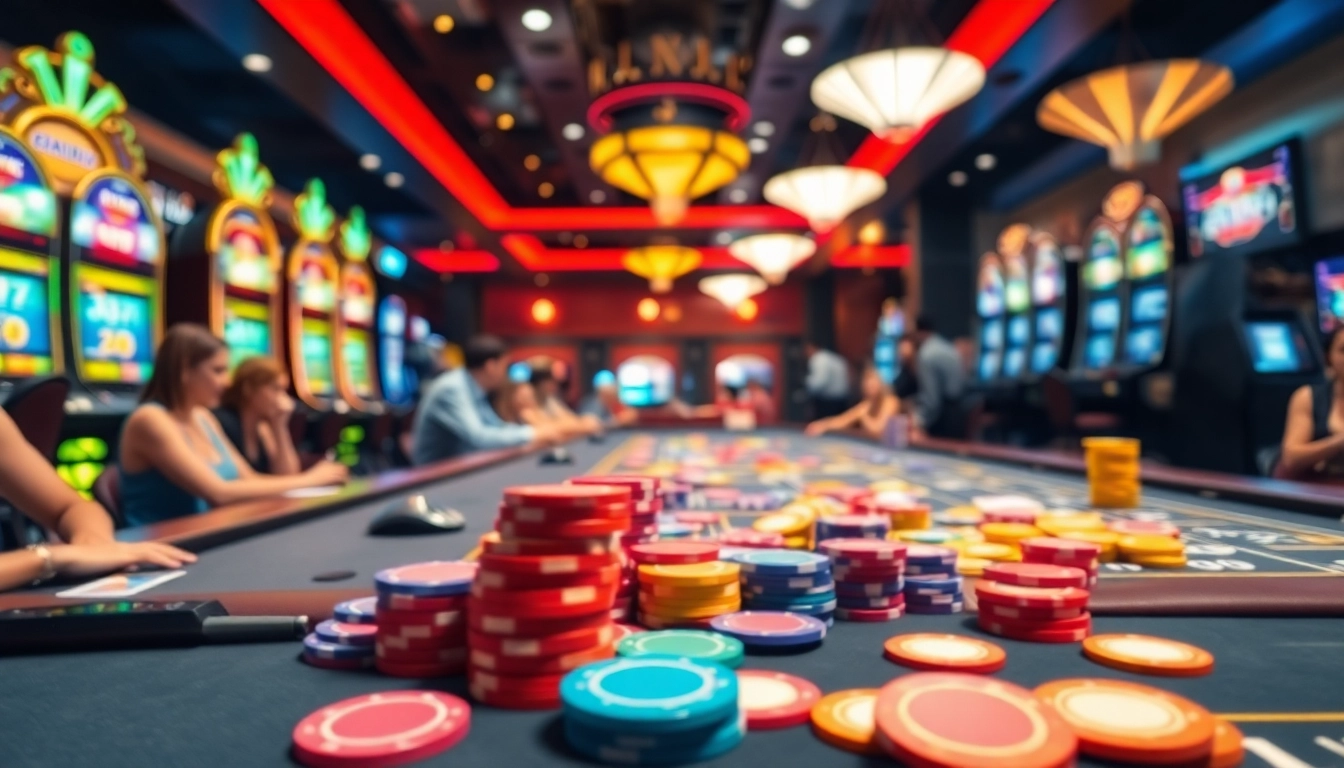 Pakde4d bermain di kasino dengan meja permainan yang meriah dan cerah.