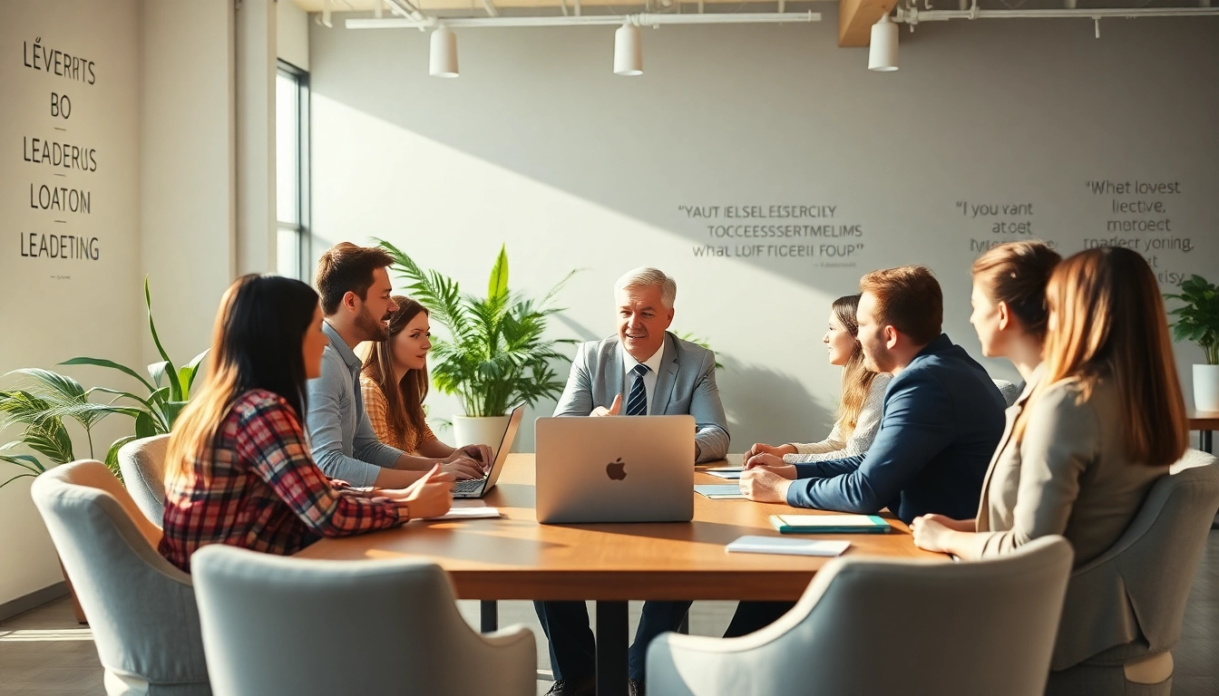 Leadership coach facilitating an engaging group discussion in a bright, inviting office.