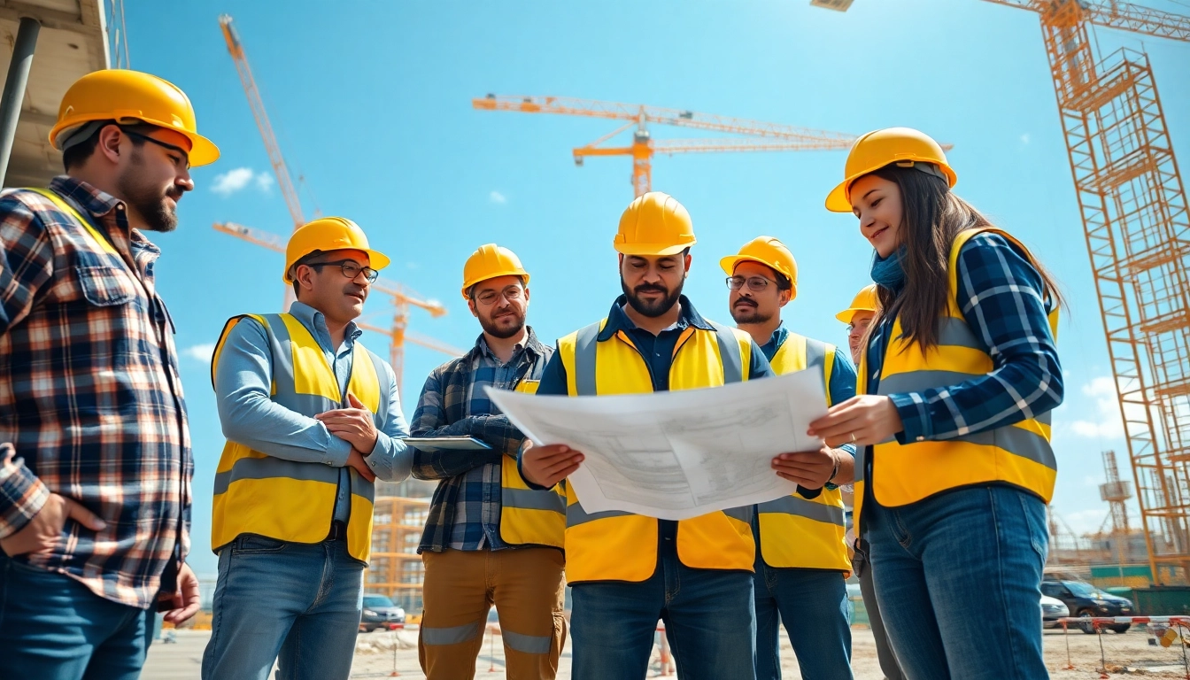 Construction career team collaborating at a worksite with blueprints and cranes.