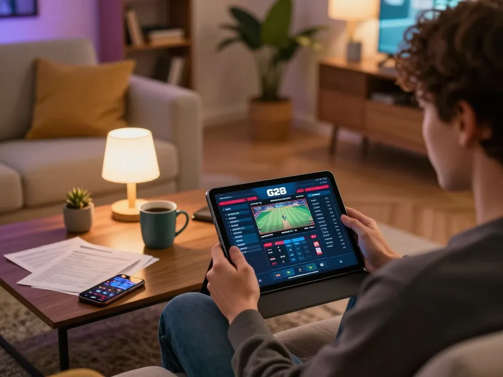 Engaging in online betting with G28 on tablet, showcasing comfortable and strategic gaming setup