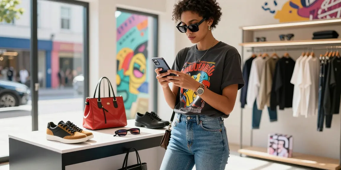 Stylish individual engaging with shs-dome5.com on their smartphone in a vibrant urban shopping scene.