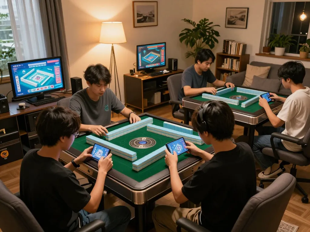 Engaging in Mahjong Ways gaming strategy with friends at home, showcasing mobile devices.
