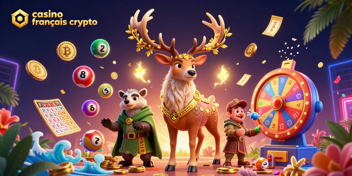 Visualisez un casino français crypto avec un cerf druidique entouré de pièces et d'éléments de jeu.
