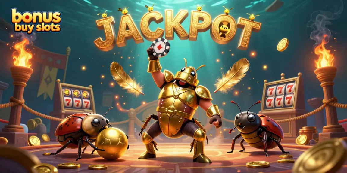 Experience thrilling bonus buy slots with dynamic scenes of a victorious beetle lifting chips alongside vibrant symbols.