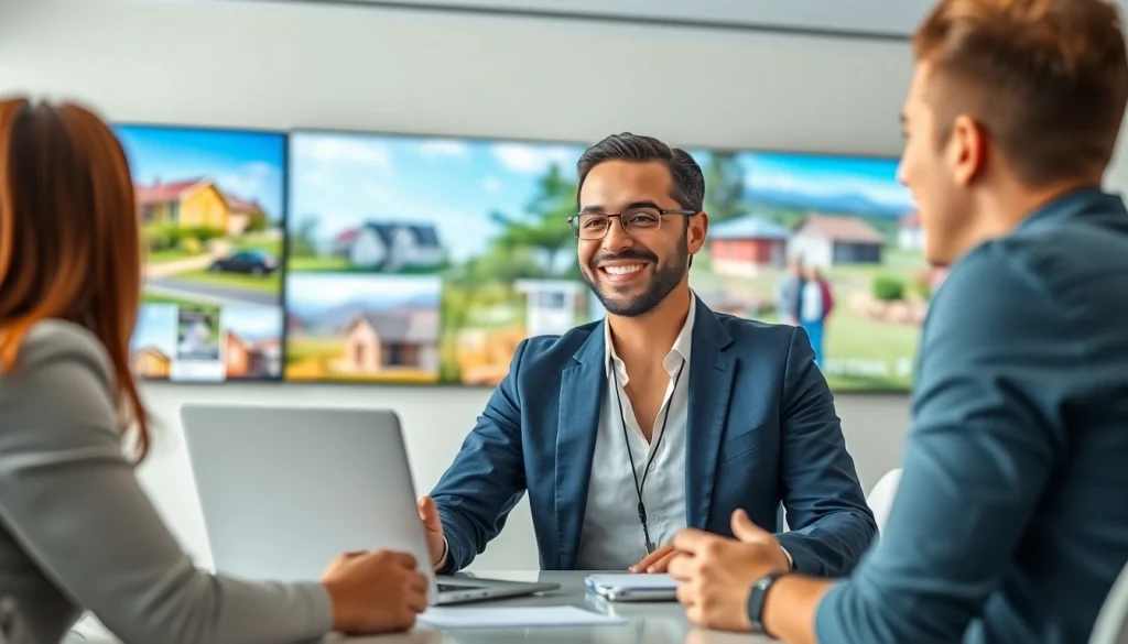 Real Estate agent discussing property listings in a modern office with client-focused approach.