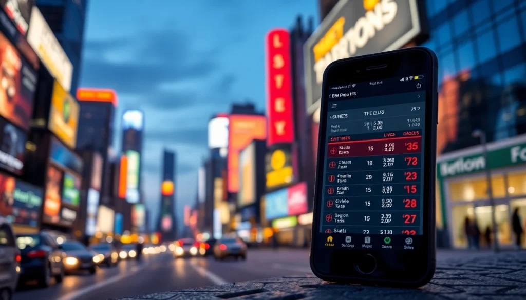 Engaging representation of sports betting apps India on a smartphone against an urban backdrop.