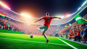 축구중계 중인 다이내믹한 선수의 액션을 강조한 이미지