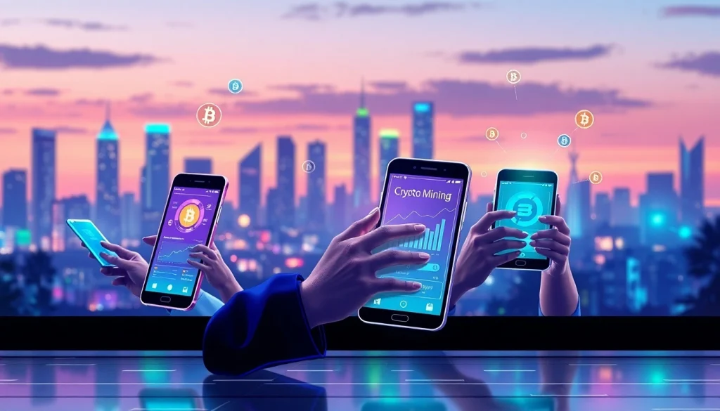 Engaging scene of individuals using a crypto mining app on smartphones in a digital landscape.