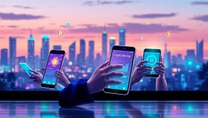 Engaging scene of individuals using a crypto mining app on smartphones in a digital landscape.