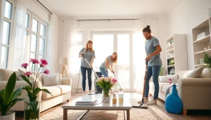 Team providing cleaning service in a sunlit home with organized interiors.