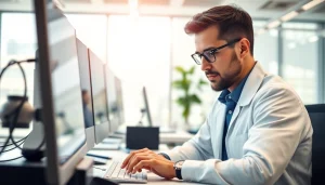 Engineer showcasing innovative Technology in a bright, modern workspace