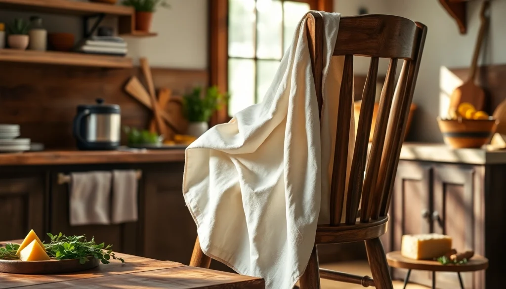 Kaasdoek mooi op een houten stoel in een gezellige keuken met verse ingrediënten.