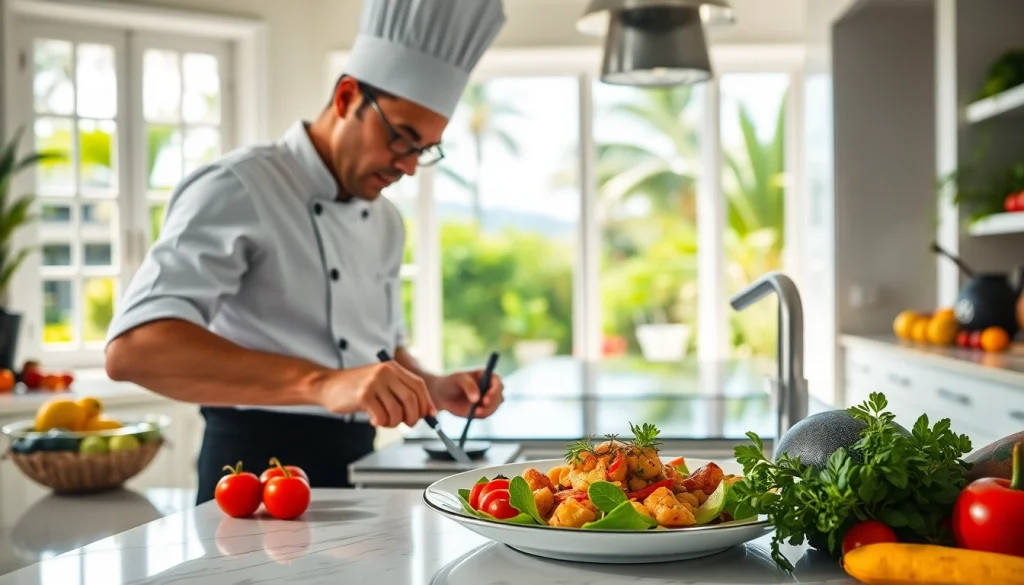 Cooking with St Martin Private Chef amid tropical ingredients and a sunlit kitchen environment.