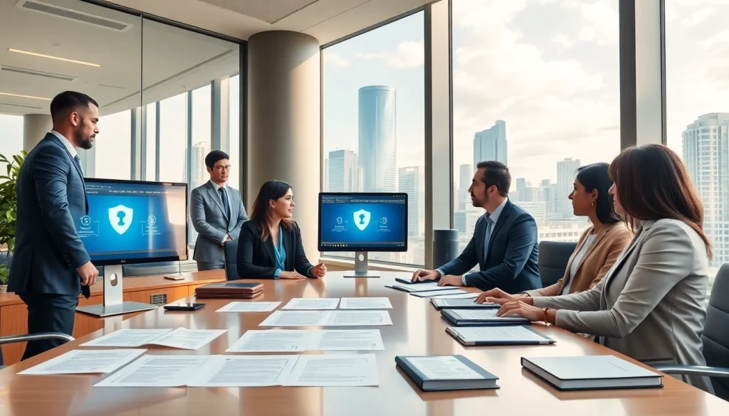 Managed IT for Law Firms Tampa in a sleek and modern law office environment, showcasing collaboration among diverse legal professionals with advanced technology.