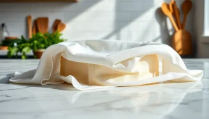 Kaasdoek gebruikt voor het maken van verse kaas in een professionele keuken.