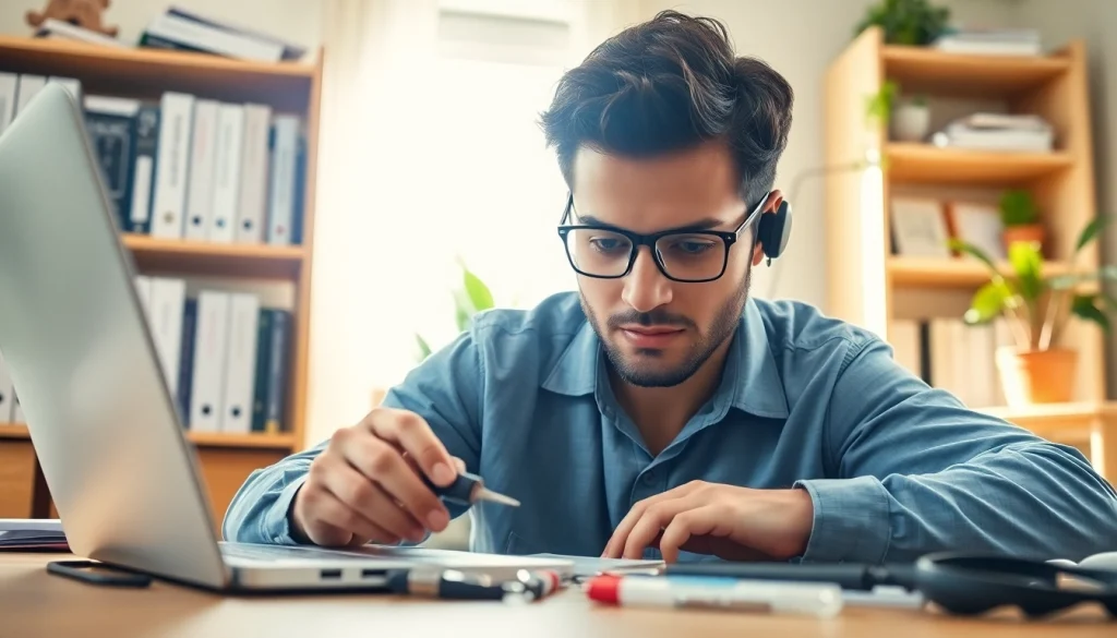 Providing residential IT support, a technician assists clients with computer issues in a home office.