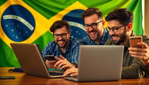 Discover best sports betting sites in Brazil through an interactive sports betting scene showcasing engaged bettors.