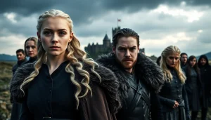 Engaging portrayal of the game of thrones cast, spotlighting key characters like Daenerys and Jon in a dramatic setting.