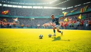 축구중계 중 선수들이 드리블 하는 모습과 팬들이 응원하는 장면