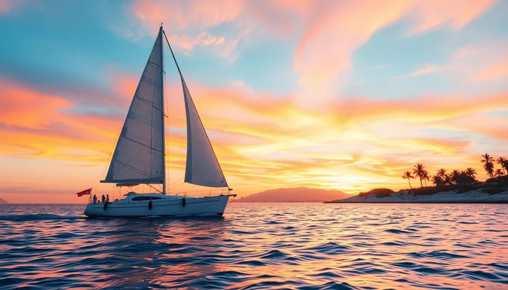 Cabo sunset cruise deals showcasing a serene sailboat against a vibrant sunset backdrop.